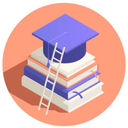 Self promotion branding education communication courses degree round isometric composition with academic hat textbooks ladder vector illustration